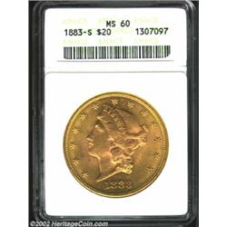 1883-S $20 MS60 ANACS. Brightly lustrous, this piece exhibits the eye appeal of a higher grade, but.