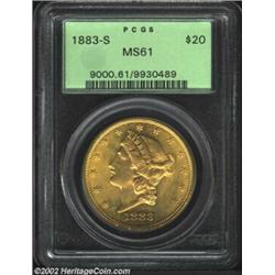 1883-S $20 MS61 PCGS. The fields have blushes of apricot-gold color. The portrait and the field near