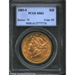 1883-S $20 MS61 PCGS. Loads of luster can be found on both sides of this somewhat baggy, but overall