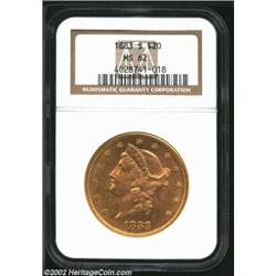 1883-S $20 MS62 NGC. Lustrous and clean for the grade. Well struck except for the first four stars..