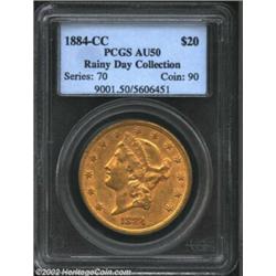 1884-CC $20 AU50 PCGS. While the luster is subdued, virtually all detail remains and no marks are in