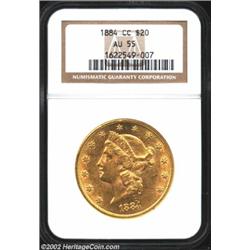 1884-CC $20 AU55 NGC. Mostly olive-gold and sharply struck with normal amount of abrasions for the g