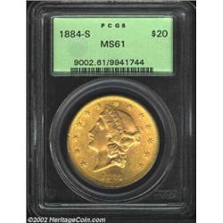 1884-S $20 MS61 PCGS. A well struck Double Eagle that has full cartwheel luster. Both sides have sev