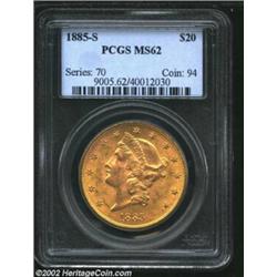 1885-S $20 MS62 PCGS. A lustrous and well struck representative that has a beautifully preserved rev