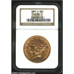 1887-S $20 AU58 NGC. Sharply struck with bright surfaces and a few abrasions scattered over both obv