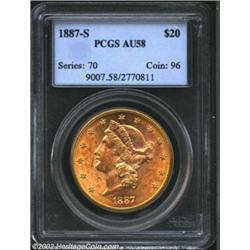 1887-S $20 AU58 PCGS. Tremendous luster still radiates from both sides of this absolutely choice, ju