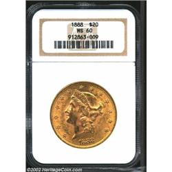 1888 $20 MS60 NGC. Liberty's face is a bit scruffy for this scarcer issue. Coin retains much luster.