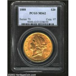 1888 $20 MS62 PCGS. This slightly better date issue increases significantly in rarity in a Mint Stat