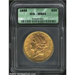 1888 $20 MS63 ICG. A scarce Type Three Double Eagle and seldom located in Uncirculated grades. Very.