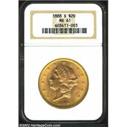 1888-S $20 MS61 NGC. Typically sharp for a Type Three Double Eagle from the San Francisco Mint, this