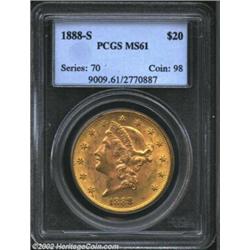 1888-S $20 MS61 PCGS. Lustrous with some darkening at the high points. Rather attractive for the gra