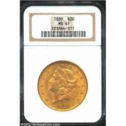 1889 $20 MS61 NGC. Olive-gold with red highlights in the protected areas. Light pinscratch behind Li