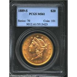 1889-S $20 MS61 PCGS. Extremely smooth, clean and lustrous with a series of hairline scratches in th