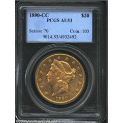 1890-CC $20 AU53 PCGS. While very little wear is present, the flash of the semi-prooflike surfaces a