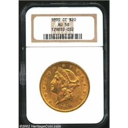 1890-CC $20 AU58 NGC. With full detail and warm luster, this does have the usual assortment of conta