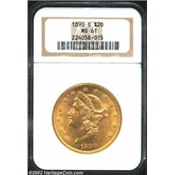 1890-S $20 MS61 NGC. Lustrous with a minimum of abrasions for the grade. From the Aaron Bliss Collec