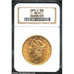 1890-S $20 MS61 NGC. Lustrous with a minimum of abrasions for the grade. From the Aaron Bliss Collec