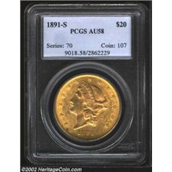 1891-S $20 AU58 PCGS. This sharply impressed near-Mint example is originally preserved with ample ev