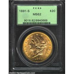 1891-S $20 MS62 PCGS. A bright and flashy piece that hints of golden-brown color and a comparatively