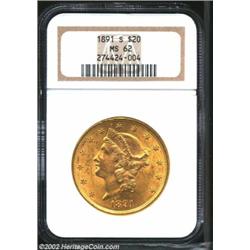 1891-S $20 MS62 NGC. Lustrous with olive-gold surfaces.From the Aaron Bliss Collection. Important no