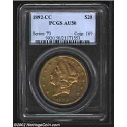 1892-CC $20 AU50 PCGS. A difficult Carson City issue that is similar in rarity to the lower mintage.