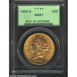 1892-S $20 MS61 PCGS. Olive, orange, and gold color. Strong cartwheel luster combines with reasonabl