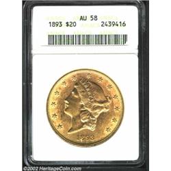 1893 $20 AU58 ANACS. Moderately abraded with tinges of coppery patina in the fields. Important notic