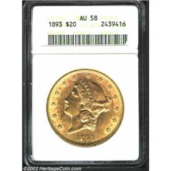 1893 $20 AU58 ANACS. Moderately abraded with tinges of coppery patina in the fields. Important notic