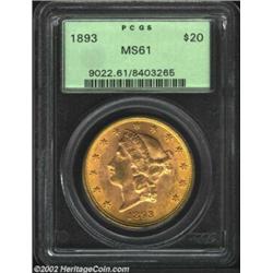 1893 $20 MS61 PCGS. A boldly struck and lustrous Double Eagle. The cheek has moderate luster grazes,