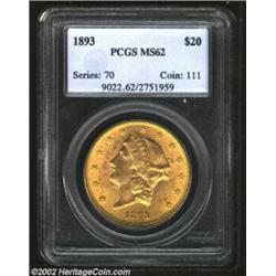 1893 $20 MS62 PCGS. A sharply struck and nicely preserved specimen, with a couple of faint toning st