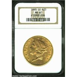 1893-CC $20 MS61 NGC. Winter 2-A. Adequate mint luster covers the surfaces of this always-popular fi