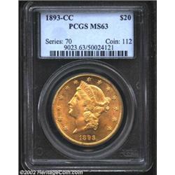 1893-CC $20 MS63 PCGS. Winter 1-A. This is a Condition Census survivor with razor sharp striking def