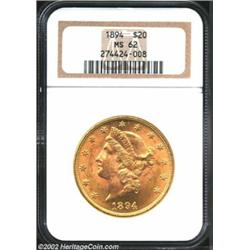 1894 $20 MS62 NGC. Frosty surfaces with an appealing two-toned appearance.From the Aaron Bliss Colle