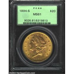 1894-S $20 MS61 PCGS. The fields have a yellow-green hue, while the centers have peach patina. A lus