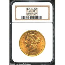 1894-S $20 MS61 NGC.A few bagmarks on obverse to prohibit a higher grade, but lustrous and charming.