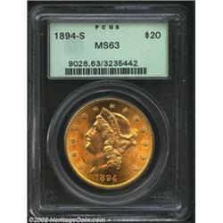 1894-S $20 MS63 PCGS. Sharply struck and carefully preserved, the surfaces display spectacular cartw