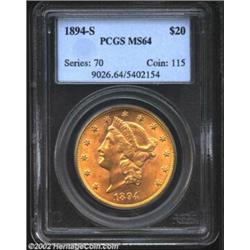 1894-S $20 MS64 PCGS. Exceptionally well preserved for the issue, this original near-Gem displays re