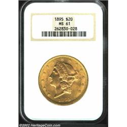 1895 $20 MS61 NGC. This is a well struck example with lustrous surfaces for the grade that are somew