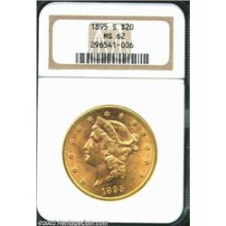 1895-S $20 MS62 NGC. Nicely preserved yellow-gold representative. From the Aaron Bliss Collection. I