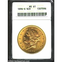 1896-S $20 MS61 ANACS. A modestly abraded, yellow-gold specimen with a flashy look, very attractive.