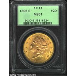 1896-S $20 MS61 PCGS. A lustrous Double Eagle with olive-gold fields and a hint of pinkish color wit