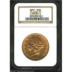 1897 $20 AU55 NGC. Ample evidence of a sharp strike remains on both sides, as well as part of the or