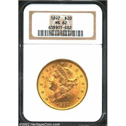 1897 $20 MS62 NGC. Fully lustrous surfaces with some light surface marks commensurate with the grade