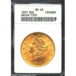 1897 $20 MS63 ANACS. Breen-7325. Repunching on the second and third digits in the date is the diagno