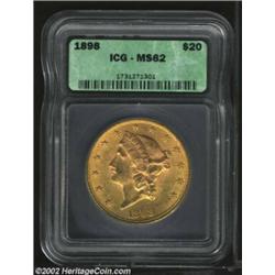 1898 $20 MS62 ICG. From a relatively low mintage, this issue is conditionally scarce in Mint State,.