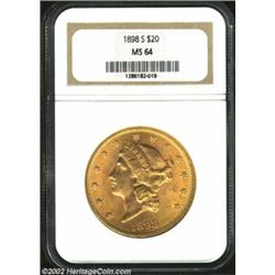 1898-S $20 MS64 NGC. A pleasing near-Gem specimen. Important notice: We expect to be auctioning lots