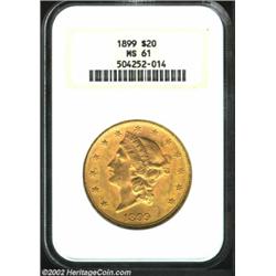 1899 $20 MS61 NGC. Deeply set orange and olive-gold colors are well blended over both sides of this.