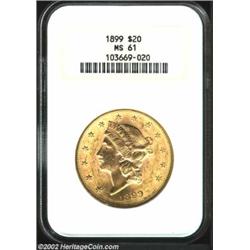 1899 $20 MS61 NGC. The bright, golden-rose surfaces are alive with scintillating mint luster with a.