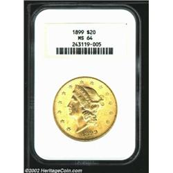 1899 $20 MS64 NGC. A flashy near-Gem that has pleasing surfaces and a bold strike. Portions of the e