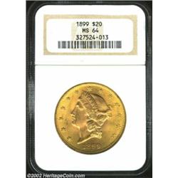 1899 $20 MS64 NGC. Nary a contact mark on this near-Gem specimen can be considered a distraction fro